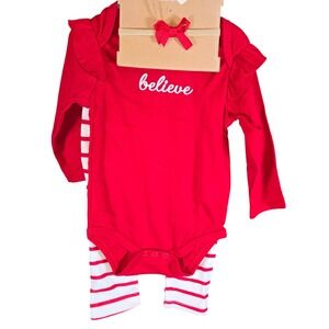 Lila & Jack Baby Girls 6-9M Red Believe Ruffle Onesie Outfit Pants Headband Set